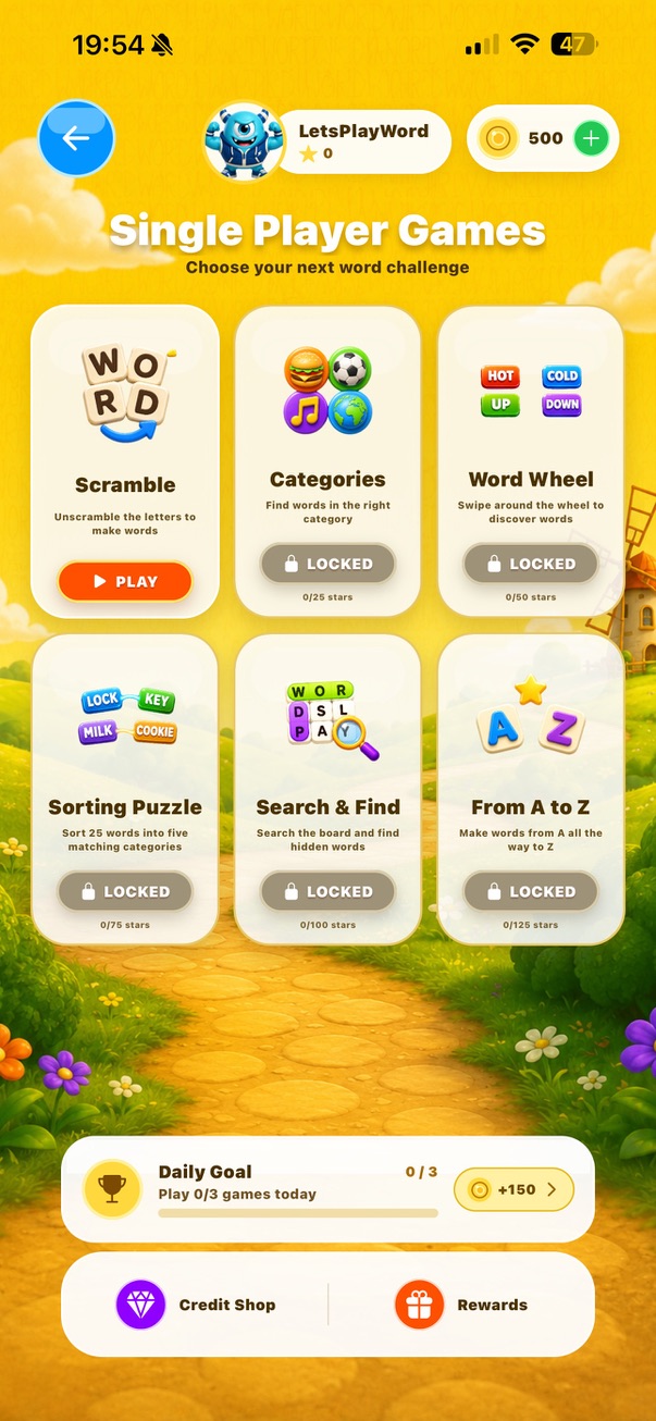 Let’s Play Word mobile app overview showing six word games