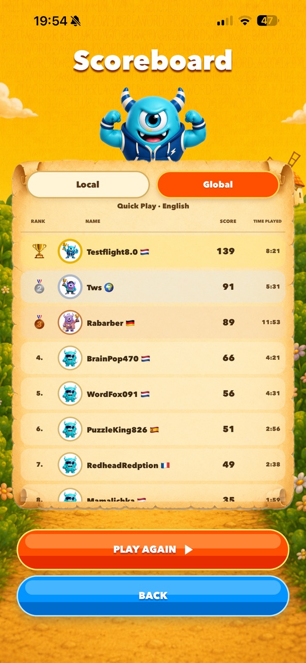 Let’s Play Word global scoreboard screen